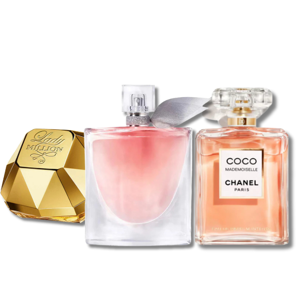 Kombination af 3 dameparfumer – Lady Million Rabanne, Lancôme La Vie Est Belle og Chanel Coco Mademoiselle